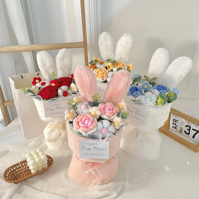Giá tốt. Cute Knitted Plush Rabbit Ears Bouquet Small Fragrance Style Qixi Graduation Season With Light Hand Bouquet Girlfriend Birthday Gift (Bộ hoa thêu dễ thương) trực tuyến