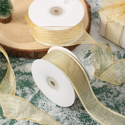 Giá tốt. Dải băng giáng sinh polyester cho bếp nướng Bao bì 4cm/25m Metal Wire Edge Gift Packaging Ribbon Net Snow Ribbon Decoration Ribbon trực tuyến