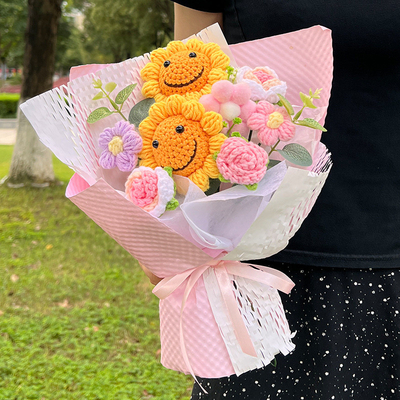 Giá tốt. Mặt cười Hoa hướng dương và hoa hướng dương thông thường Hoa củ len Sản phẩm hoàn thiện Ngày sinh nhật và Ngày Valentine Quà tặng Hoa đan thủ công bán buôn xuyên biên giới trực tuyến