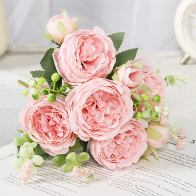 Giá tốt. 5 bông hoa nhân tạo hoa hồng nhỏ, bó hoa theo phong cách Hàn Quốc, hoa nhân tạo peony Ba Tư và nước ngoài, hoa hồng cưới tại nhà trực tuyến