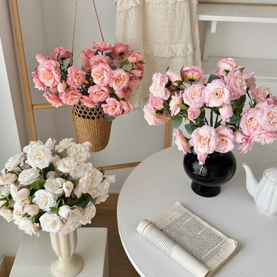Hoa hồng mô phỏng Elsa Rose 12 đầu phong cách Hàn Quốc, hoa giả trang trí bàn ăn phòng khách gia đình, đạo cụ chụp ảnh