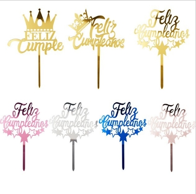 Giá tốt. Bánh sinh nhật hạnh phúc Feliz Cumpleanos Vàng Lớp phủ trên mặt bánh màu bạc acrylic W11xH16cm trực tuyến